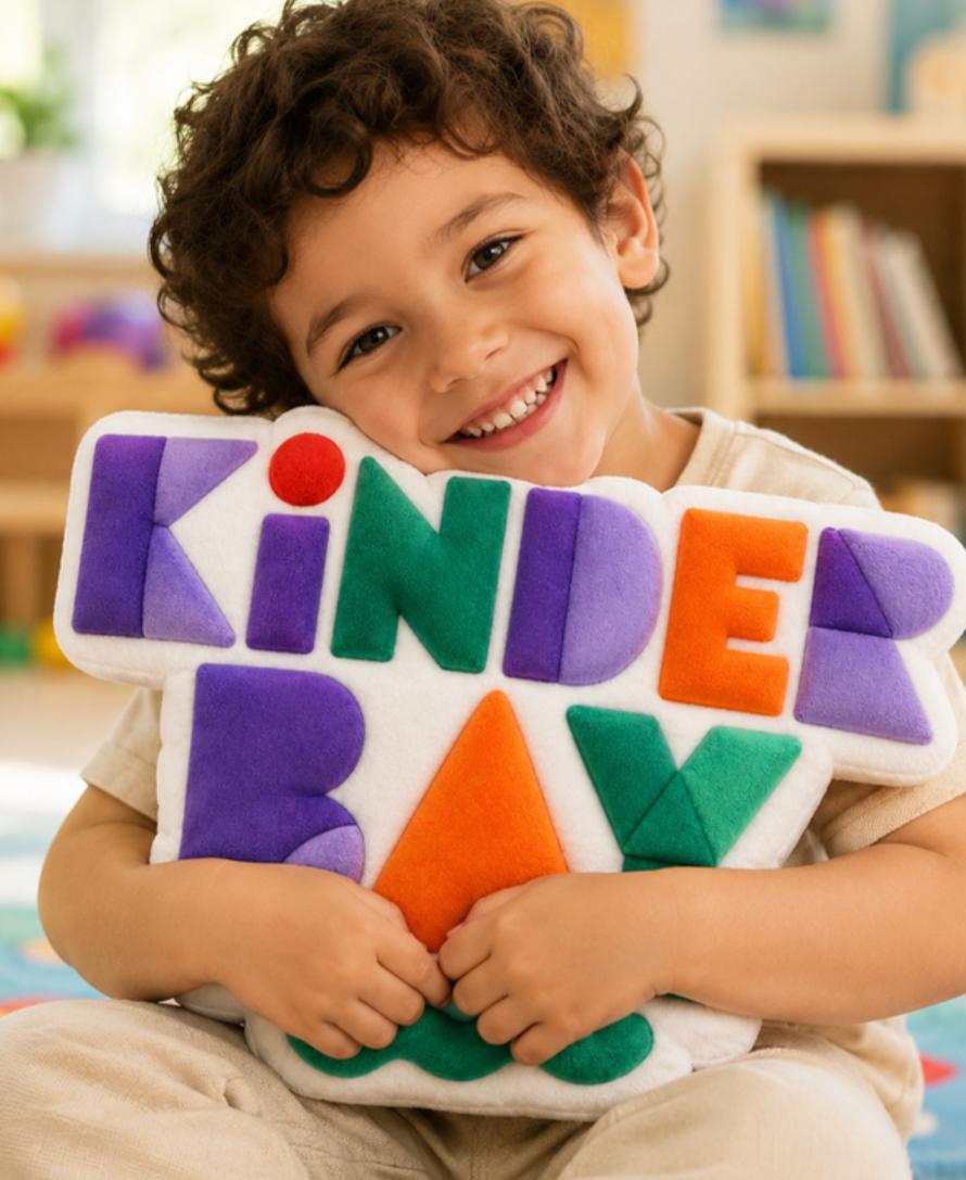 A smiling child hugging a plush Kinderbay logo cushion